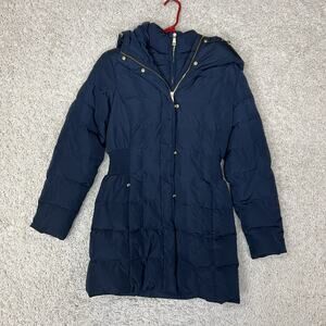 Cole Haan Womens XS Blue Taffeta Down Coat With Bib Front Hooded